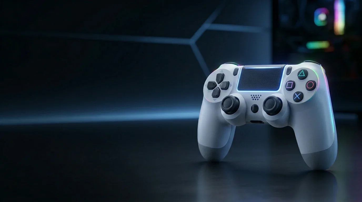 White wireless gaming controller with LED lights on a dark, futuristic background