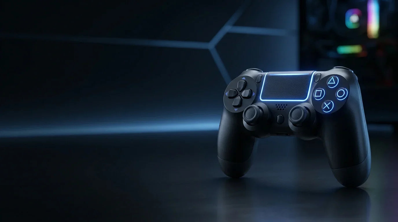 Black gaming controller with blue LED lights on dark tech background
