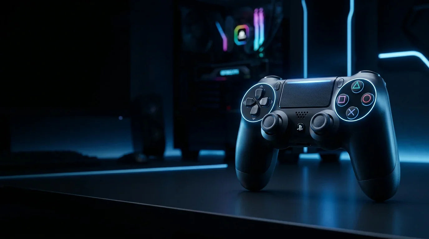 Black gaming controller with LED lights on desk in futuristic setup