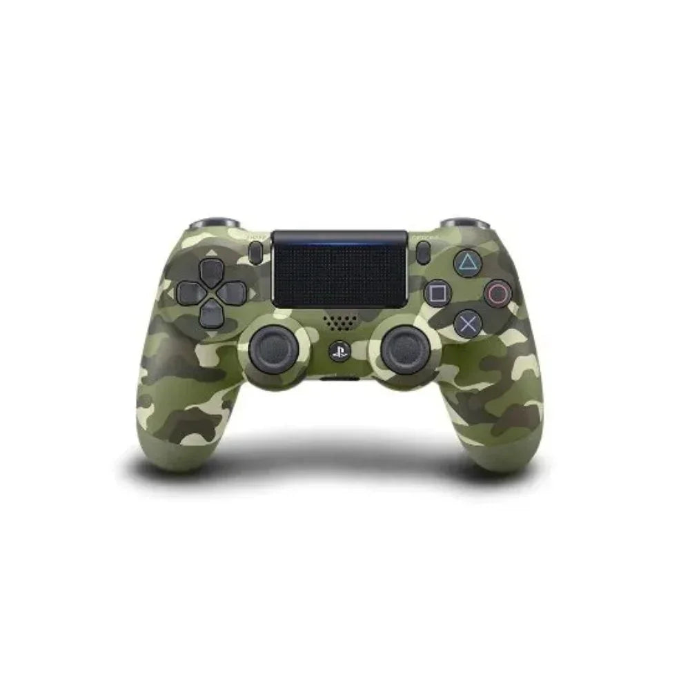 Camo green DualShock 4 wireless gaming controller for PlayStation, front view on white background