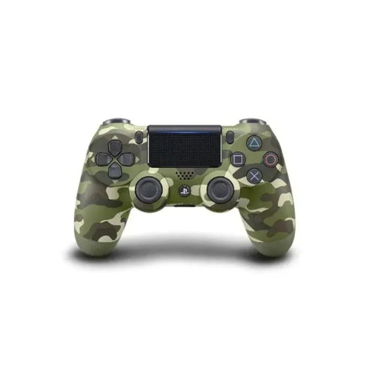 Camo green DualShock 4 wireless gaming controller for PlayStation, front view on white background