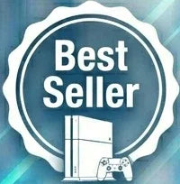 Best Seller badge with a game console and controller on a blue tech-themed background