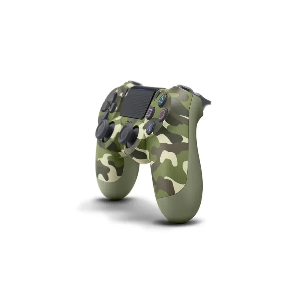 Green camouflage wireless PS4 DualShock controller with buttons and touchpad on white background