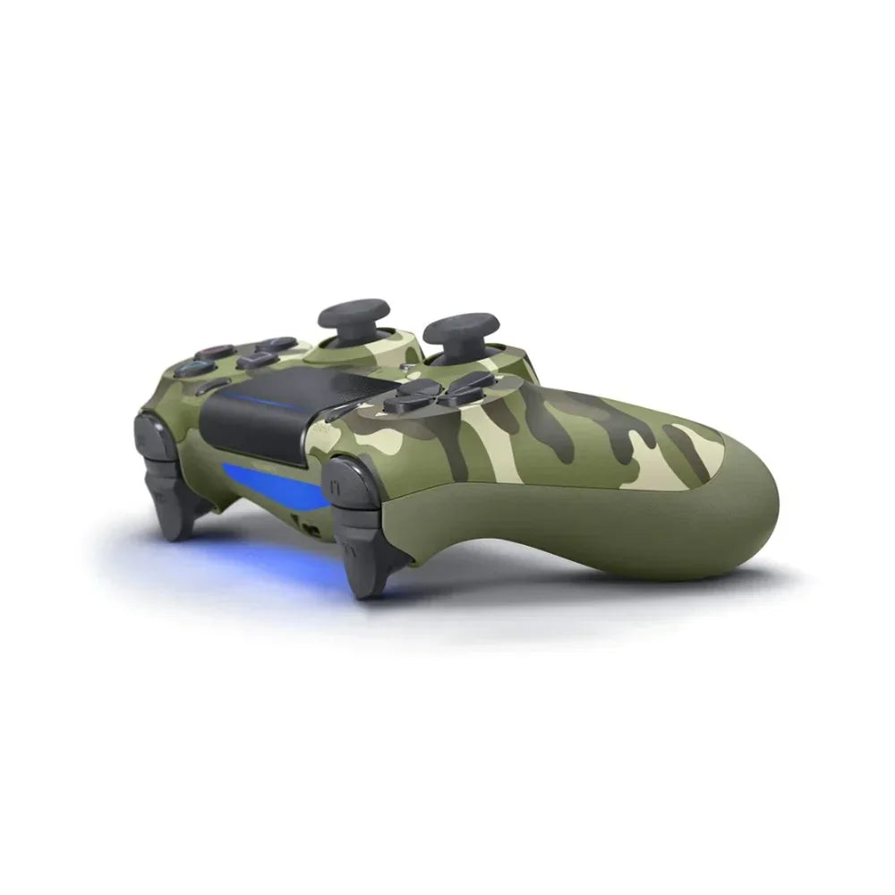 Camouflage PS4 wireless game controller with blue light on white background