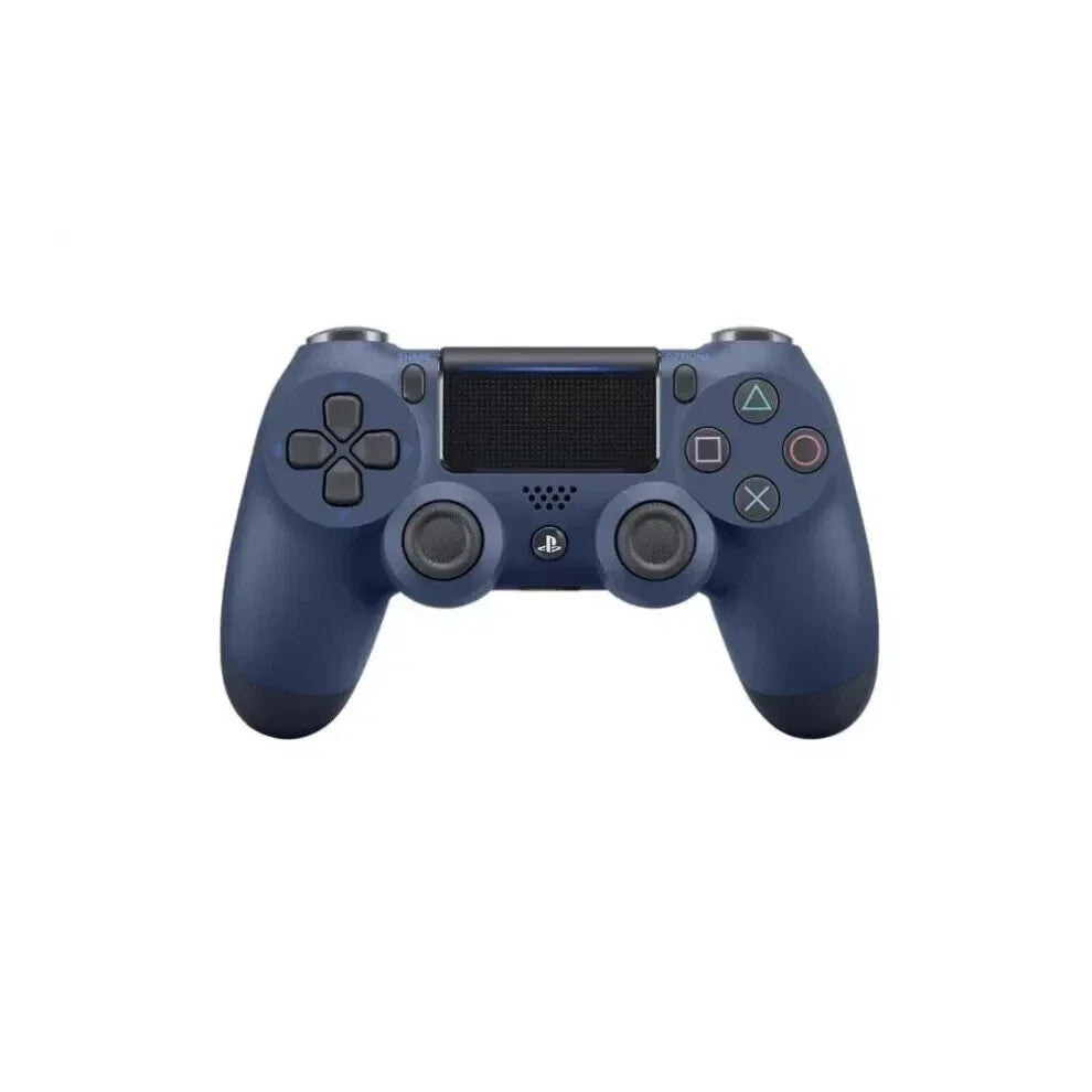 Blue wireless game controller with dual analog sticks and button layout on white background