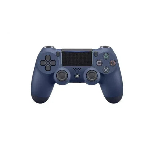 Navy blue wireless gaming controller with joystick and touchpad, isolated on white background.