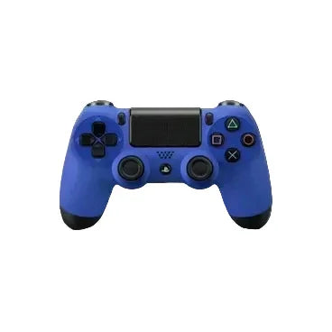 Blue wireless game controller with touchpad and analog sticks isolated on white background