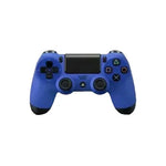 Blue wireless game controller with touchpad and analog sticks isolated on white background