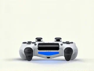 Wireless white gaming controller with black buttons and blue light bar on a plain background