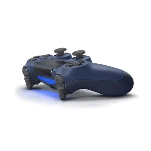 Blue wireless game controller with dual joysticks and glowing light bar, isolated on white