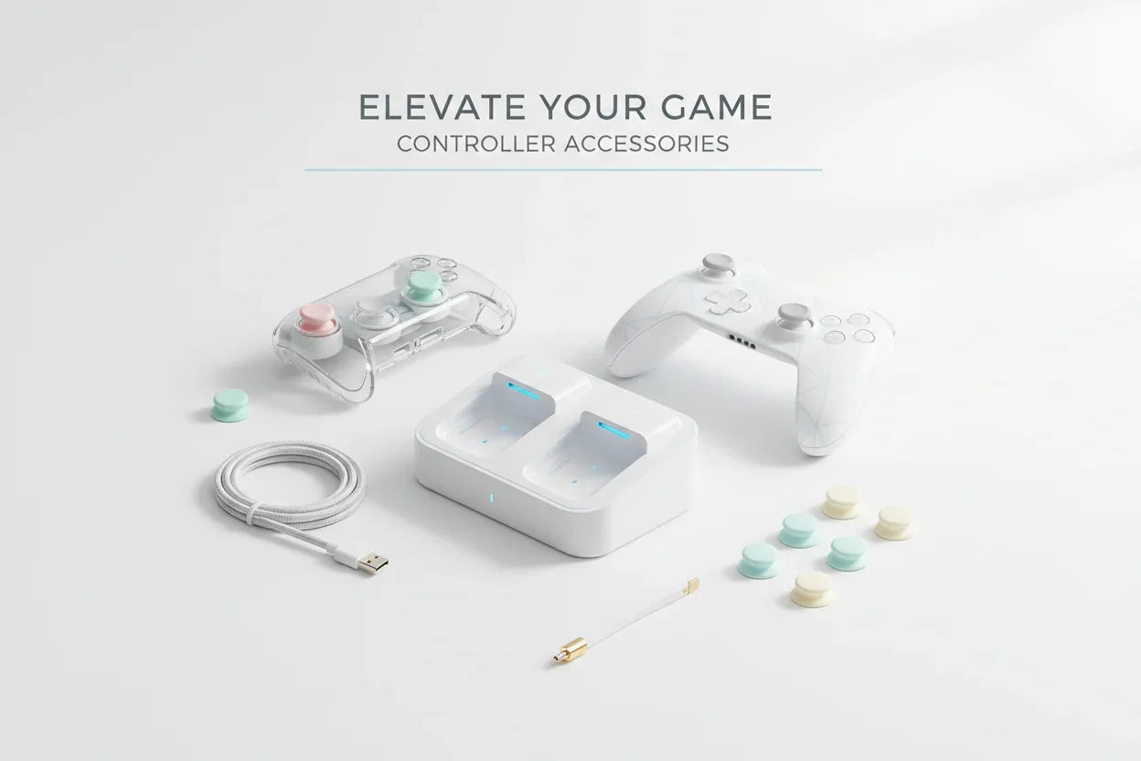 White gaming controllers, charging dock, USB cable, thumb grips, and accessories on white background